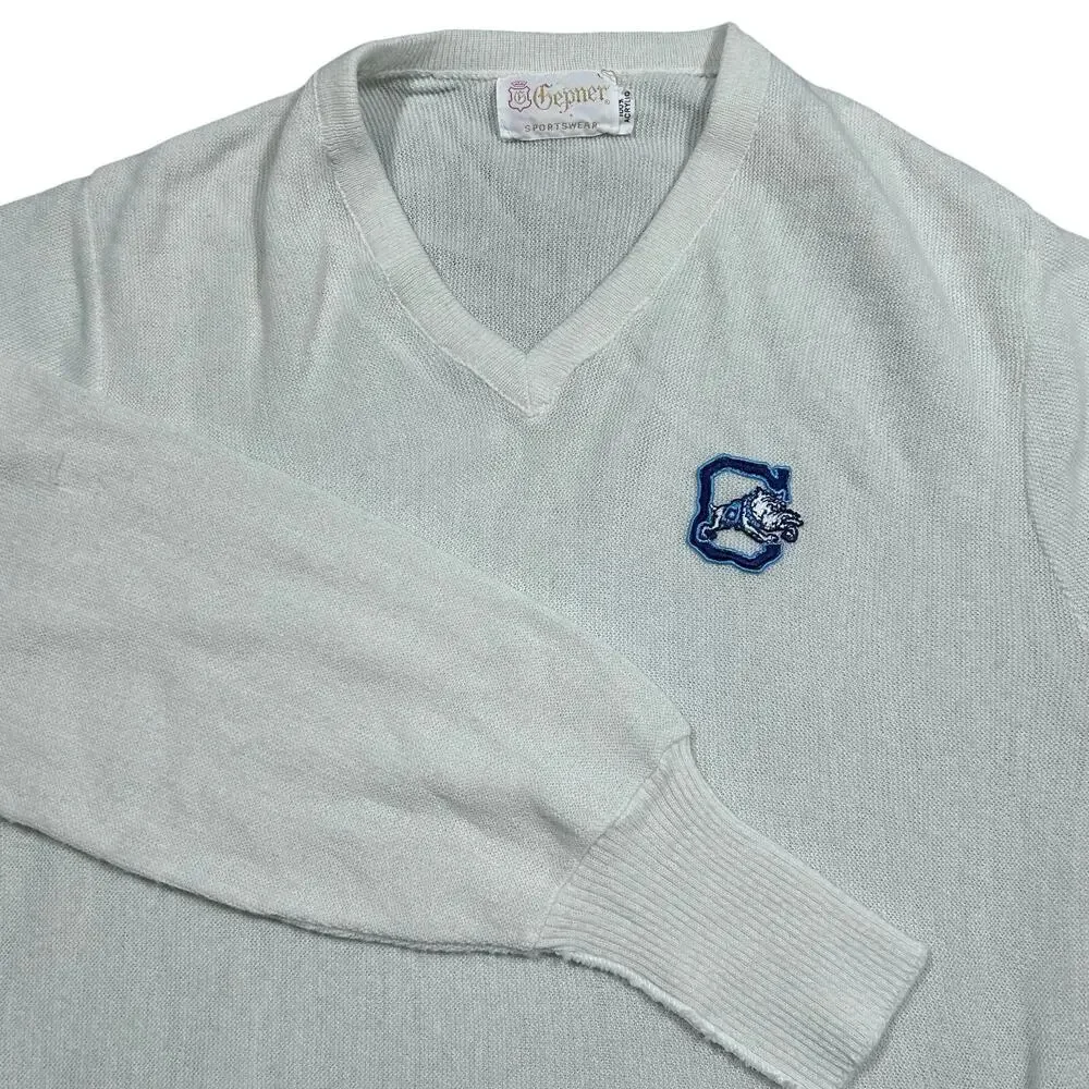 Vintage 70s Colligate Sweater Mens Large Geiger USA Made Knit Bulldog V-Neck